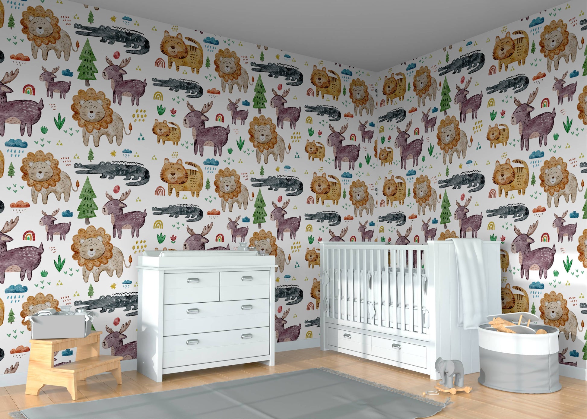 Safari animals nursery wallpaper wrapped around a room corner behind a white crib and dresser