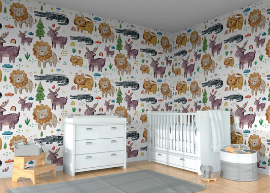 Safari animals nursery wallpaper wrapped around a room corner behind a white crib and dresser
