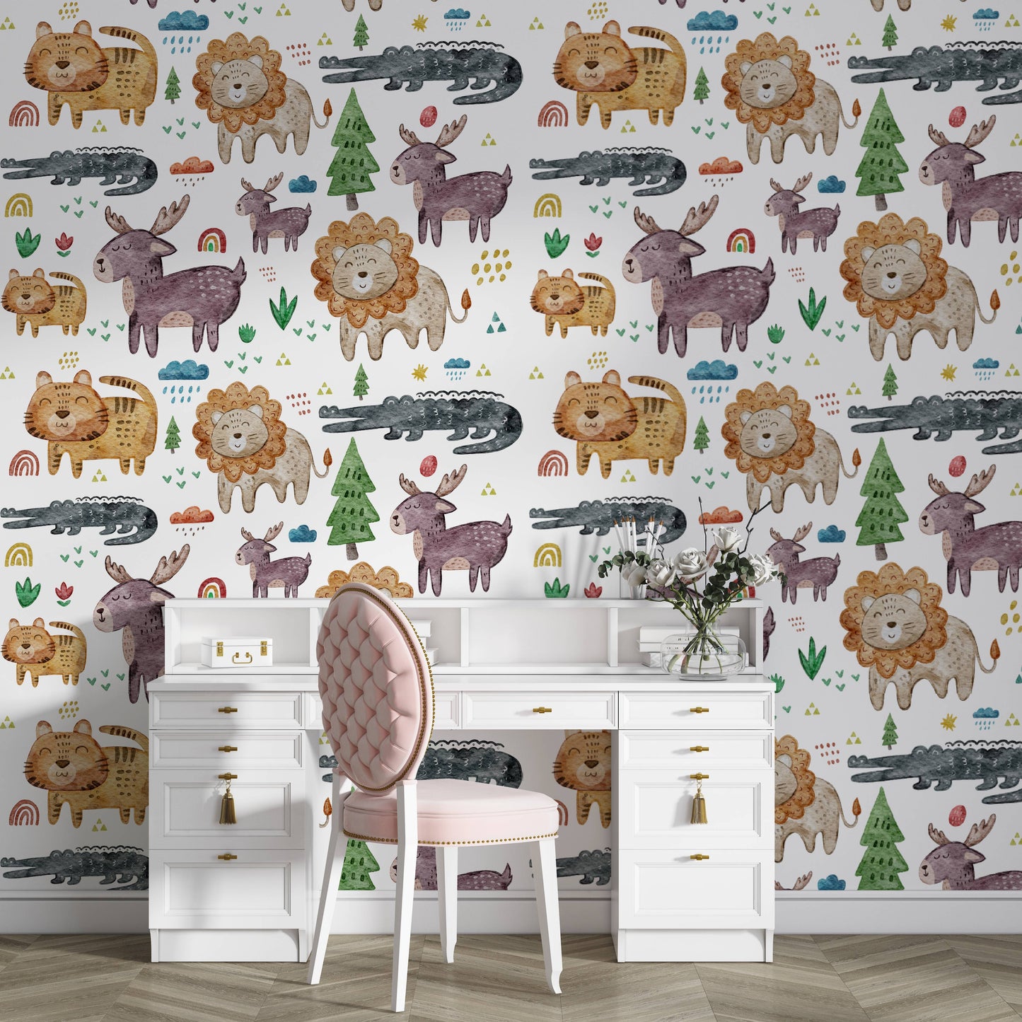Safari animals nursery wallpaper behind a white desk with a pink velvet chair and fresh flowers