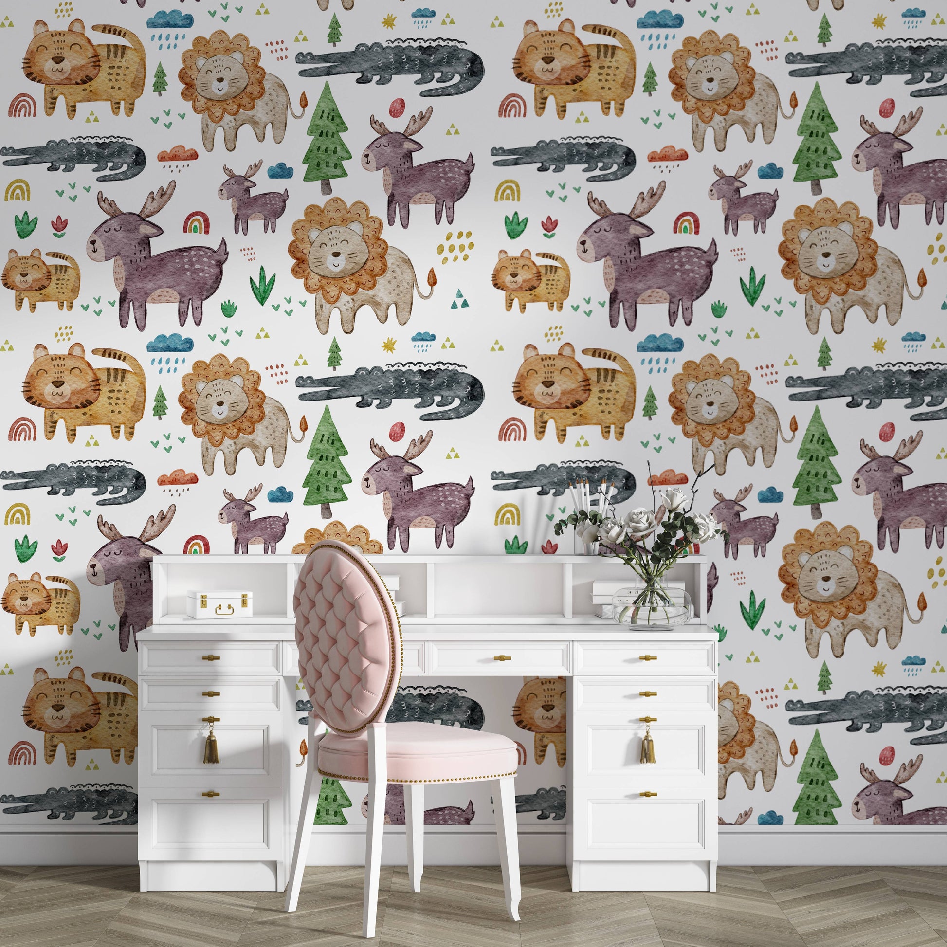 Safari animals nursery wallpaper behind a white desk with a pink velvet chair and fresh flowers