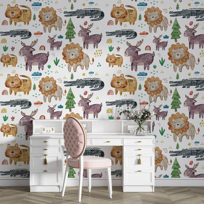 Safari animals nursery wallpaper behind a white desk with a pink velvet chair and fresh flowers