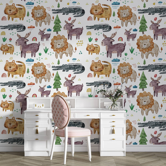Safari animals nursery wallpaper behind a white desk with a pink velvet chair and fresh flowers