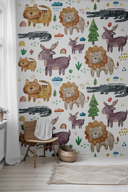 Safari animals nursery wallpaper beside a curtained window with a woven chair and rug