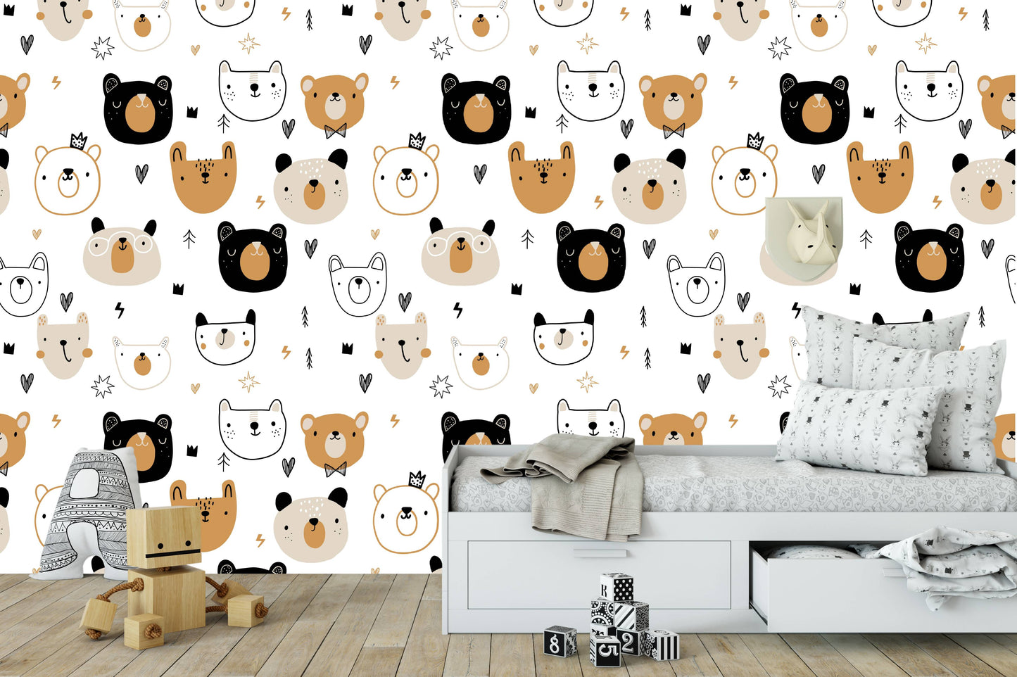 A bright minimalist children room with a sleek low bed and soft bedding placed in front of a playful bear pattern wall mural.