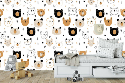 A bright minimalist children room with a sleek low bed and soft bedding placed in front of a playful bear pattern wall mural.