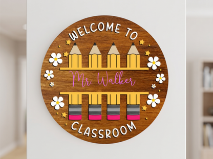 Personalized teacher classroom door sign with pencils and daisies on round wood