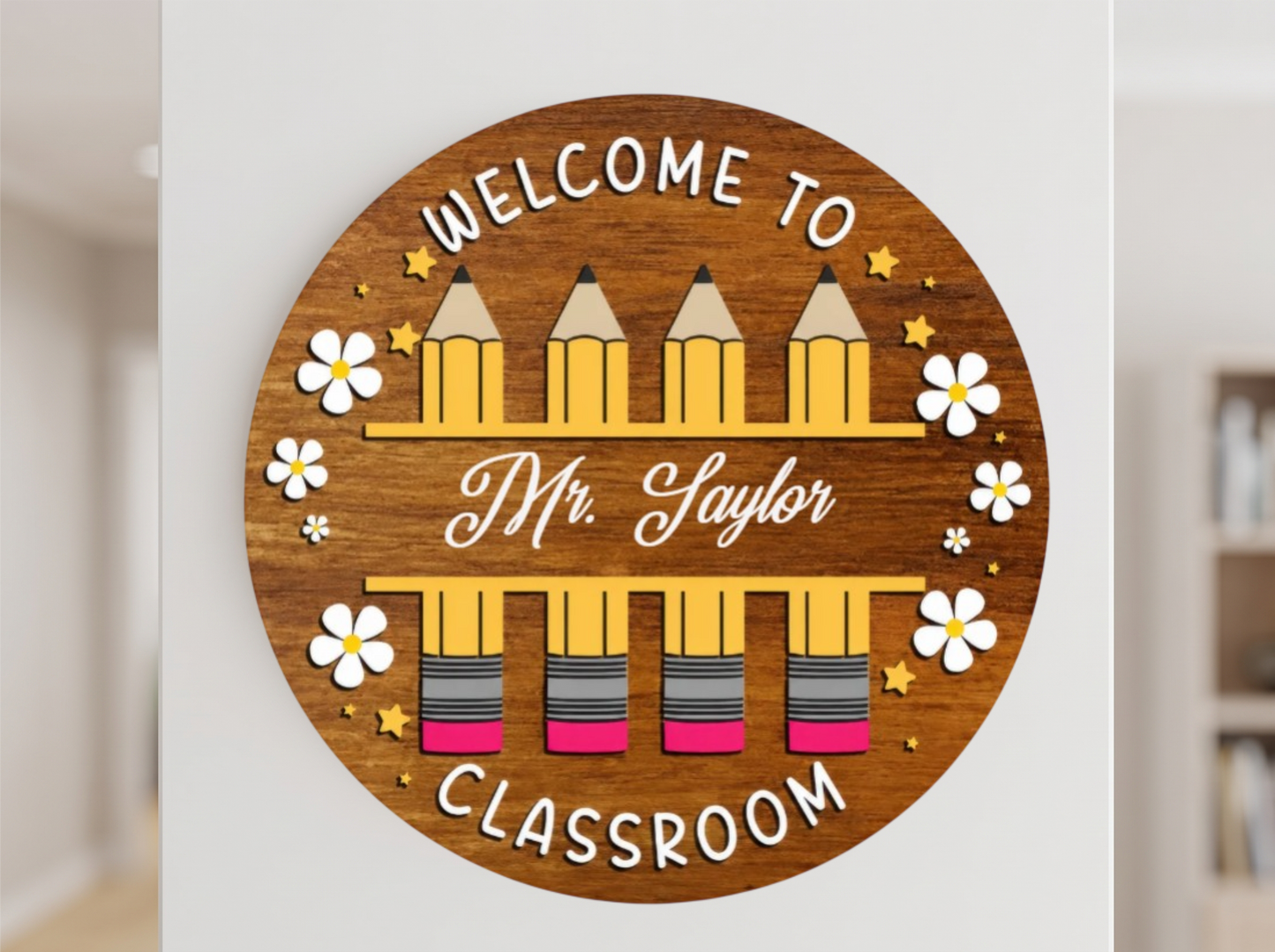 Back to school teacher door sign with pencils, stars and personalized name