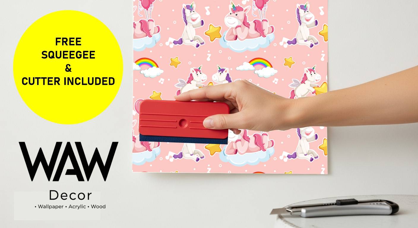 Applying the unicorn clouds wallpaper mural with the free included squeegee and cutter tools