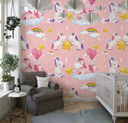 Unicorn clouds nursery wallpaper beside a gray armchair and hanging plant near a window