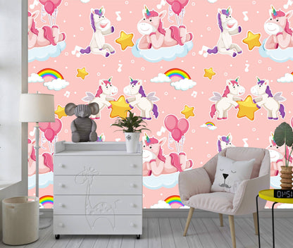 Unicorn clouds nursery wallpaper behind a white dresser with plush toy elephant and giraffe