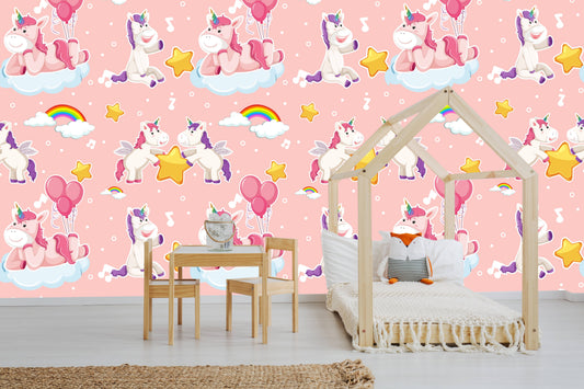 Unicorn clouds wallpaper behind a wooden house-frame bed with a fox pillow in a playroom