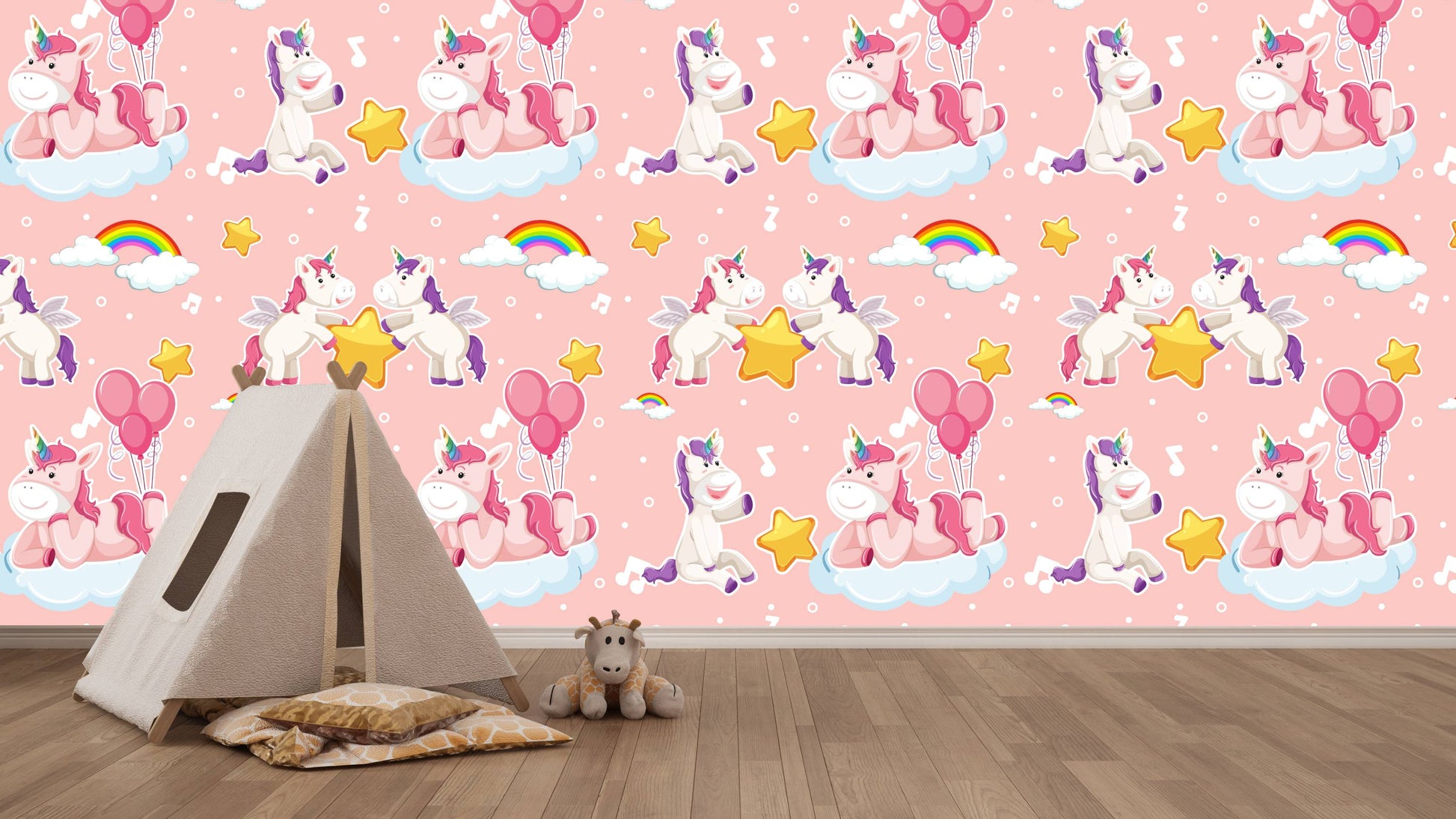 Unicorn clouds wallpaper in a kids room with a play tent and giraffe plush toy