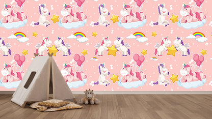 Unicorn clouds wallpaper in a kids room with a play tent and giraffe plush toy
