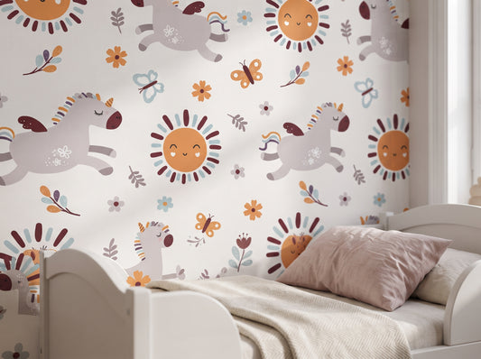 Unicorn Nursery Wallpaper – Boho Sun, Butterfly & Floral Peel and Stick Wall Mural for Kids Room