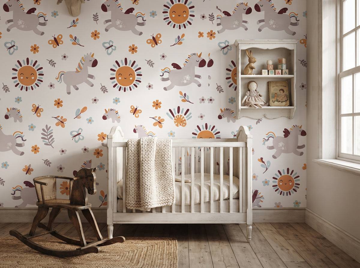 Unicorn Nursery Wallpaper – Boho Sun, Butterfly & Floral Peel and Stick Wall Mural for Kids Room