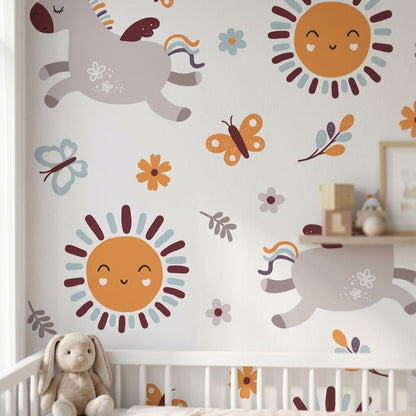 Unicorn Nursery Wallpaper – Boho Sun, Butterfly & Floral Peel and Stick Wall Mural for Kids Room