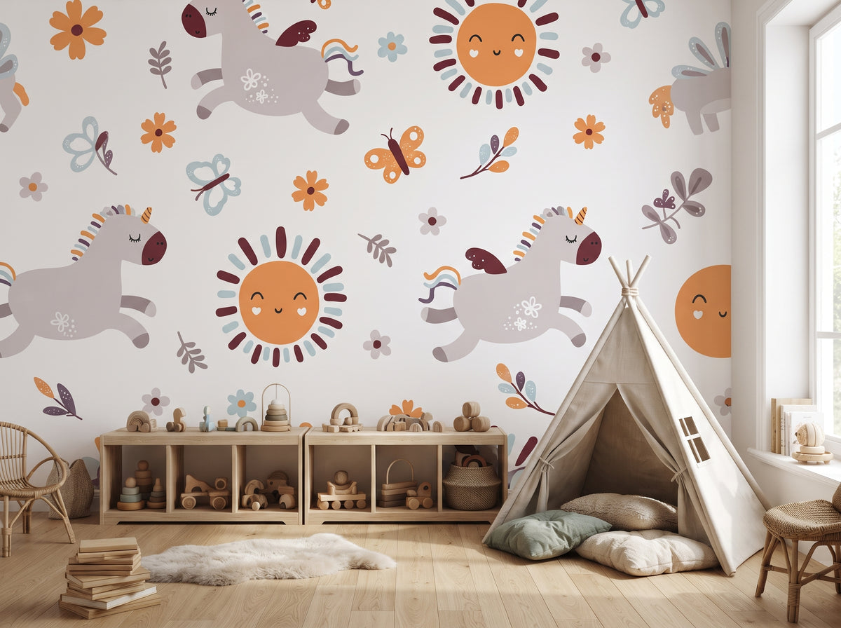 Unicorn Nursery Wallpaper – Boho Sun, Butterfly & Floral Peel and Stick Wall Mural for Kids Room