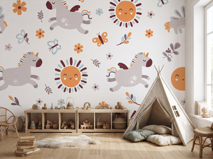 Unicorn Nursery Wallpaper – Boho Sun, Butterfly & Floral Peel and Stick Wall Mural for Kids Room