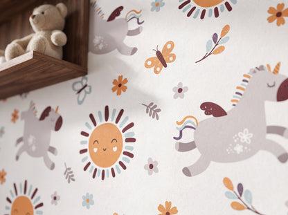 Unicorn Nursery Wallpaper – Boho Sun, Butterfly & Floral Peel and Stick Wall Mural for Kids Room