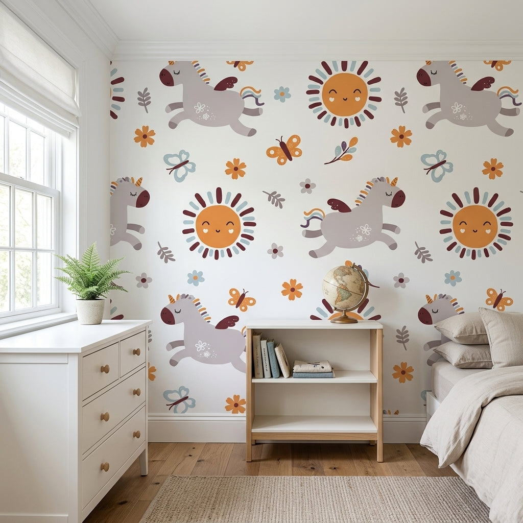 Unicorn Nursery Wallpaper – Boho Sun, Butterfly & Floral Peel and Stick Wall Mural for Kids Room