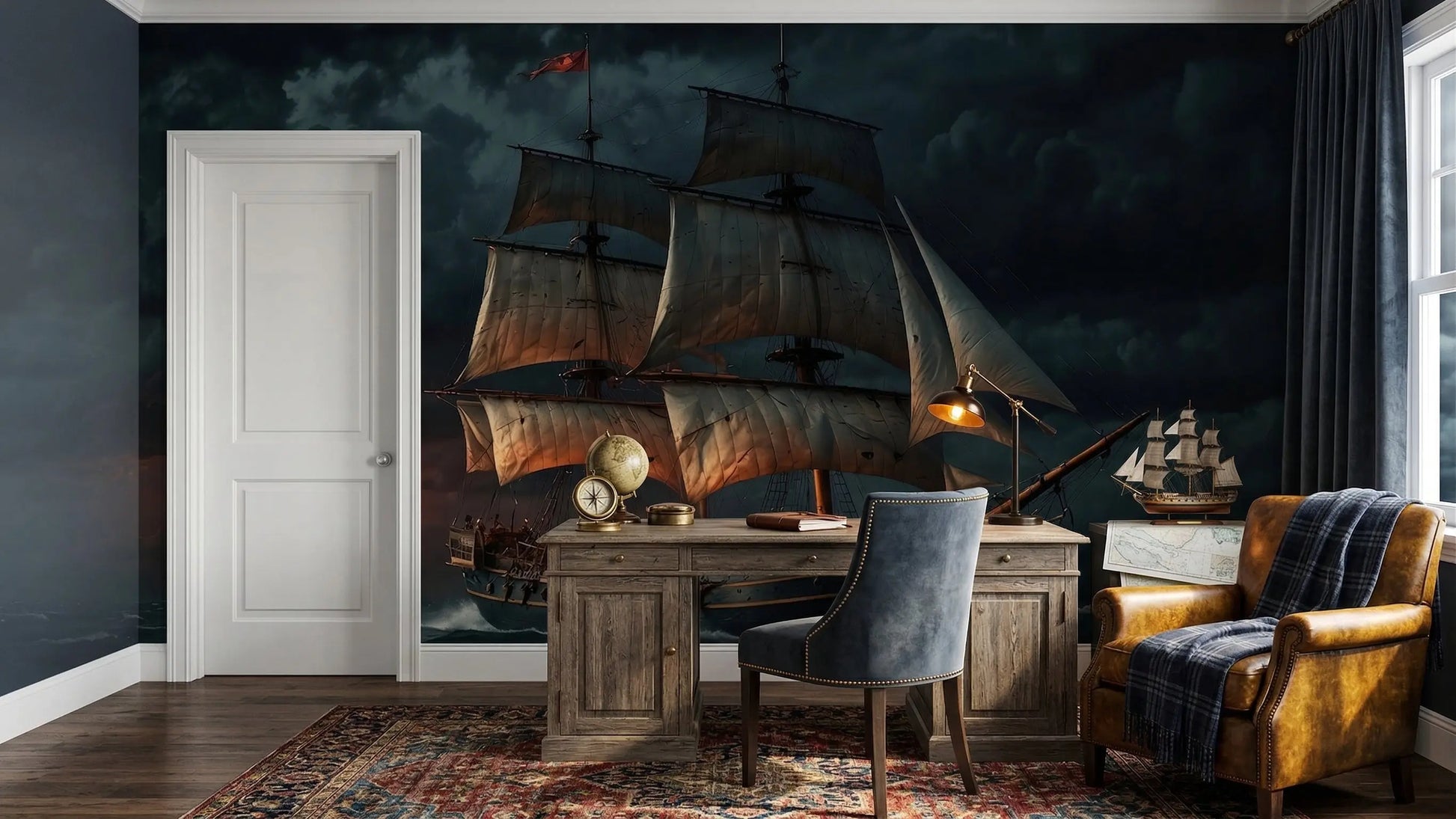 Vintage sailing ship mural installed on a living room accent wall