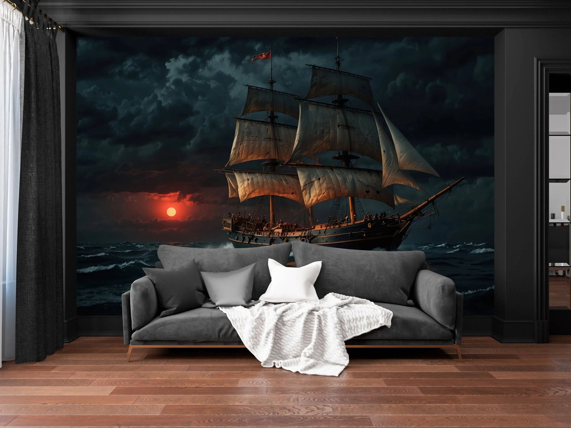 Vintage sailing ship wall mural with a dramatic sunset seascape, custom-printed peel and stick wallpaper