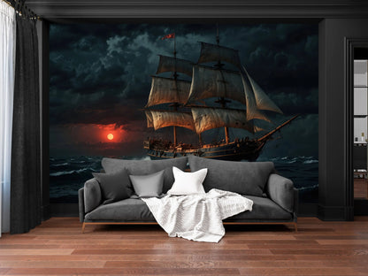 Vintage sailing ship wall mural with a dramatic sunset seascape, custom-printed peel and stick wallpaper