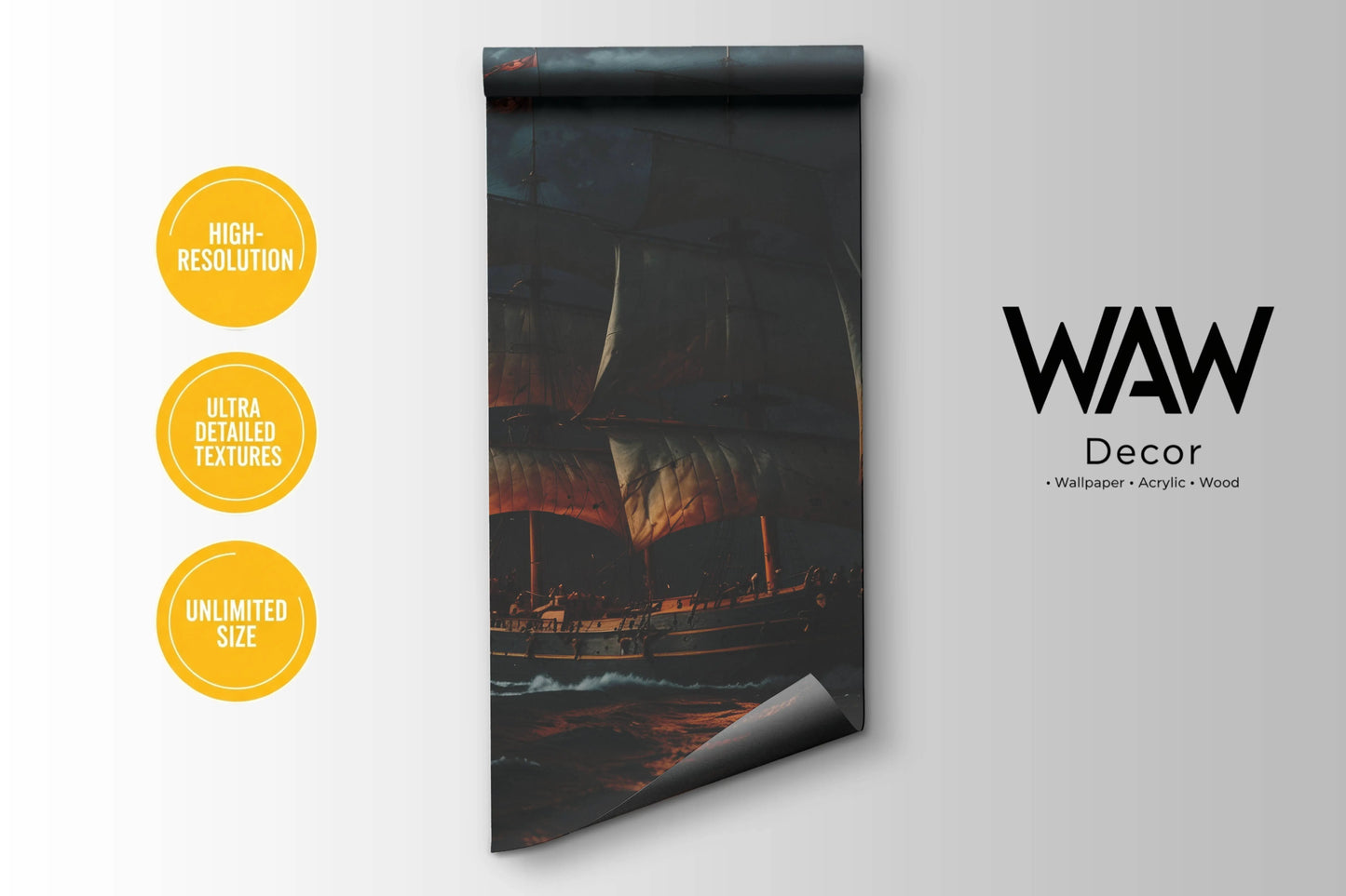 WAW Decors wallpaper roll featuring the vintage sailing ship mural design, high-resolution print in unlimited custom sizes