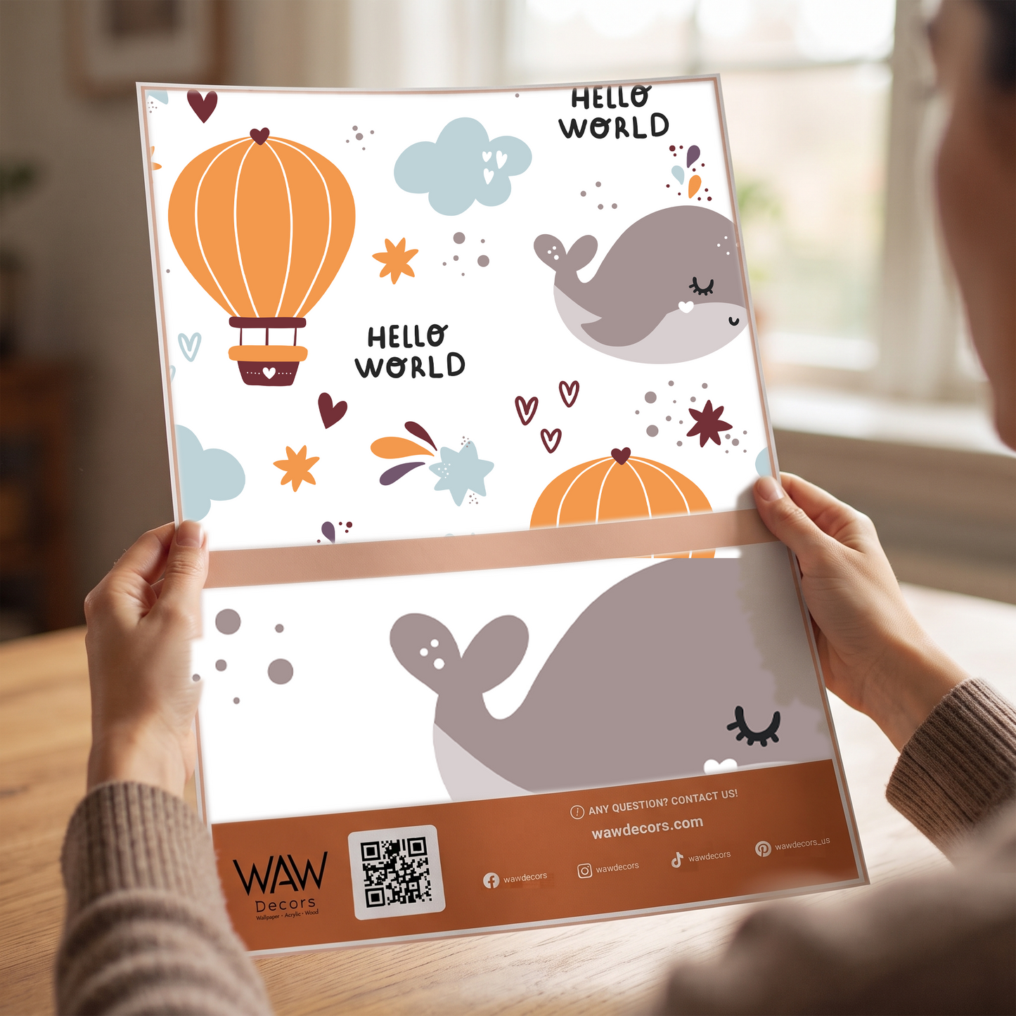 Papier peint de chambre d'enfant Baleine et Montgolfière – Papier peint autocollant « Hello World » pour chambre de bébé, chambre d'enfant, décoration murale mignonne animaux marins