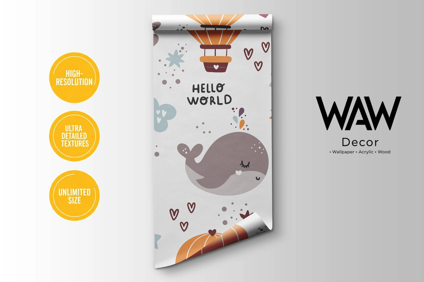 WAW Decors whale nursery wallpaper roll, high-resolution print in unlimited custom sizes