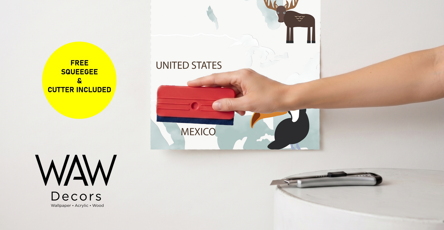 Applying the world explorer map wallpaper mural with the free included squeegee and cutter tools