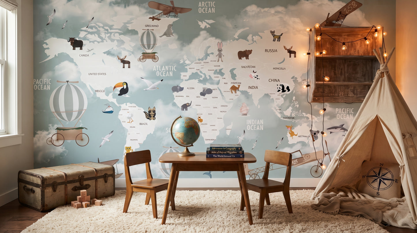 World explorer map wallpaper behind a reading nook with string lights, a trunk, and a teepee tent