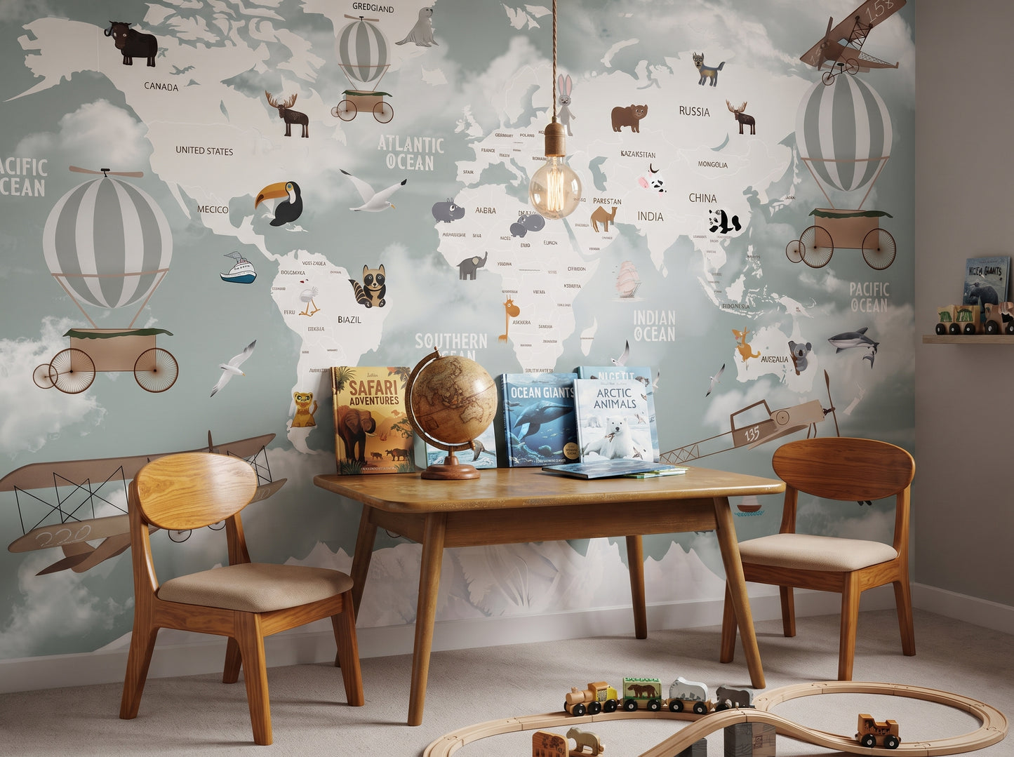 World explorer map wallpaper behind a wooden reading table with globe and travel books in a playroom