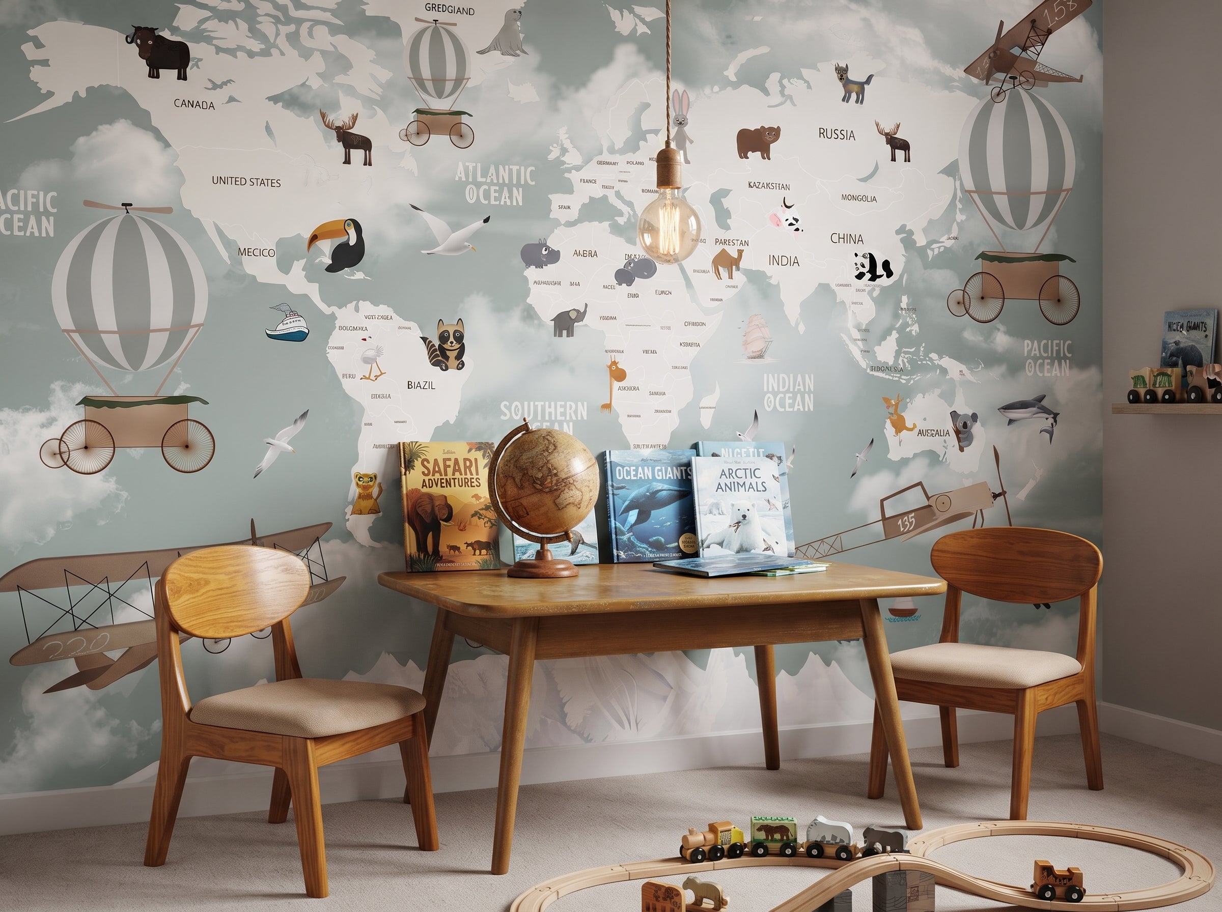 World explorer map wallpaper behind a wooden reading table with globe and travel books in a playroom